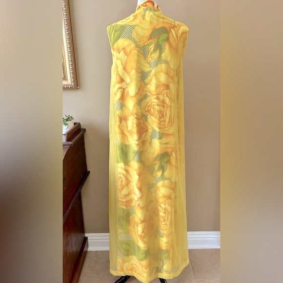 Vintage 1960s Alice Polynesian Chiffon Maxi Dress Hawaiian Yellow Floral Muumuu - Picture 6 of 16